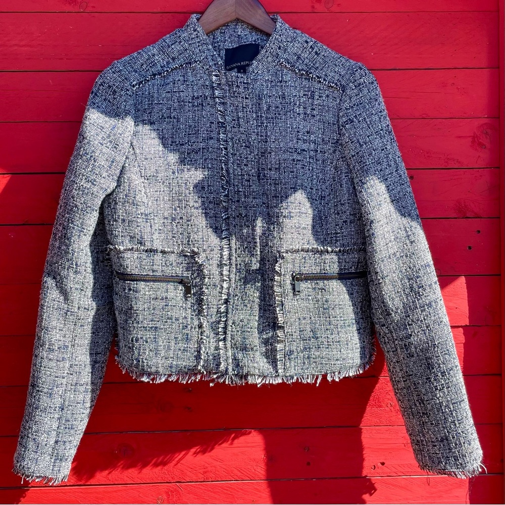 Banana Republic tweed zipper fringe lined cropped jacket